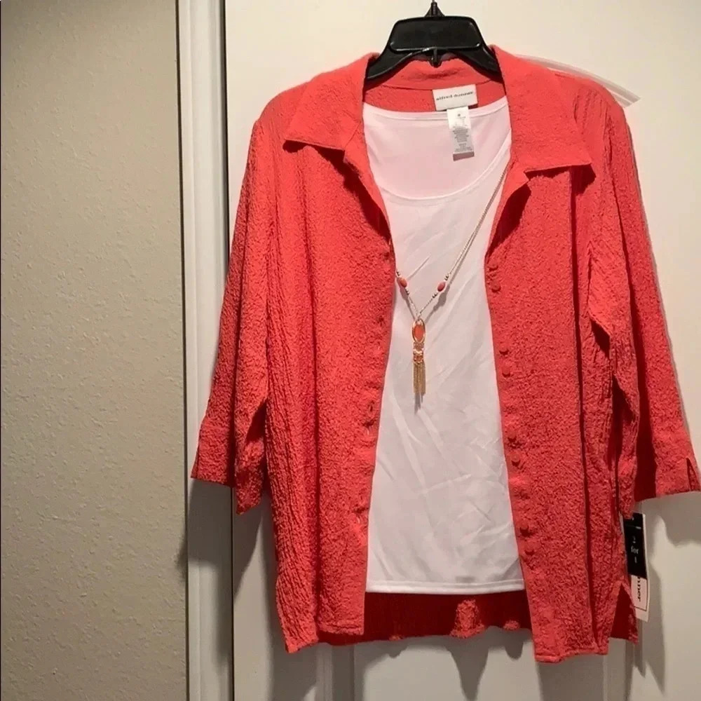 Alfred Dunner Coral Button Down 3/4 Sleeves Top Sz M Grannycore NWT